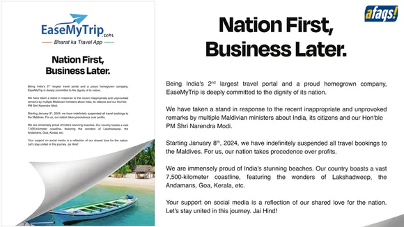 EaseMyTrip reiterates its decision to suspend all travel bookings to the Maldives with a print ad