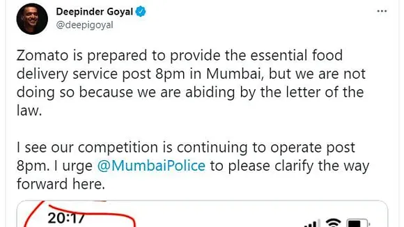 Zomato's Deepinder Goyal tweets to Mumbai Police about Swiggy's late-night delivery