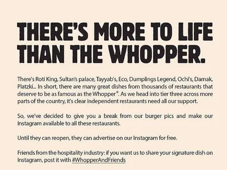 Burger King is allowing local independent restaurants to use its Instagram 