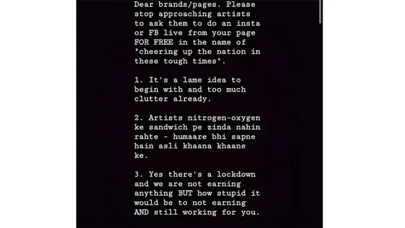 Comedian Varun Grover implores brands not to approach artistes for 'free' FB, Insta live messages