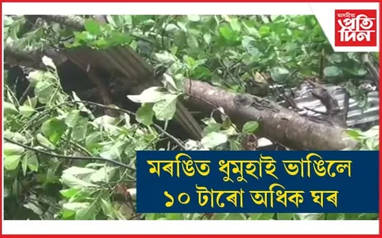 গোলাঘাটৰ মৰঙিত প্ৰৱল ধুমুহাই তচনচ কৰিলে বহু পৰিয়ালৰ বাসগৃহ...