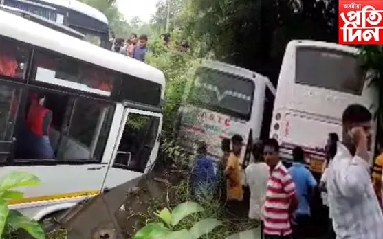 অভাৰট্ৰেক কৰিবলৈ গৈ দঁ-খাৱৈত সোমাল দুখনকৈ যাত্ৰীবাহী বাছ; পলাতক চালক