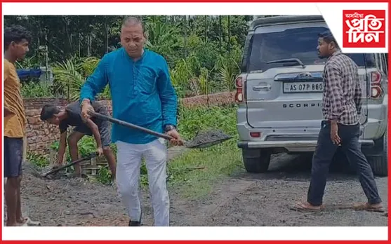 ৰজাঘৰীয়াক কাকূতি-মিনতি কৰিও নাপালে ফল ! পথ-মেৰামতিৰ কামত নামিল বিজেপি নেতা