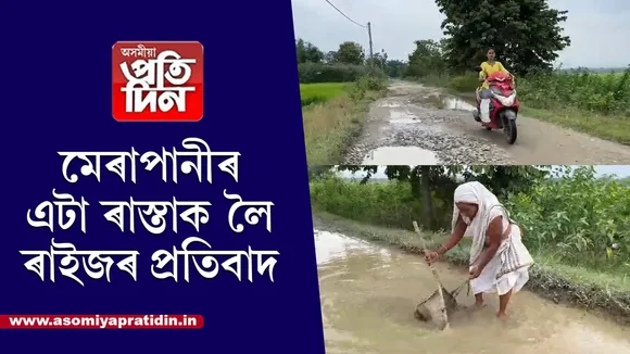 জৰাজীৰ্ণ পথৰ ওপৰত জাকৈ বাই, জাল মাৰি অভিনৱ প্ৰতিবাদ সাব্যস্ত মেৰাপানীত...