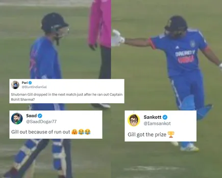 Shubman Gill and Rohit Sharma after Rohit's run-out in first T20I (File Photo: X)