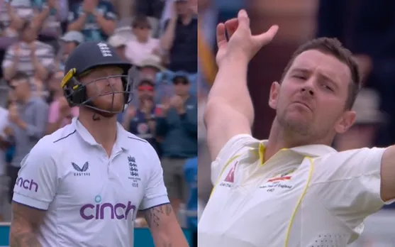 Ben Stokes and Josh Hazlewood (Source - Twitter)