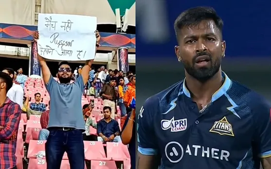 Spectator holding a placard and Hardik Pandya (Source - Twitter)
