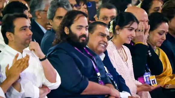 Union Minister of State for Skill Development, Jayant Chaudhary, Reliance Industries Chairman Mukesh Ambani, his son Anant Ambani and others attend the WAVES Summit in Mumbai on Thursday, May 1, 2025.