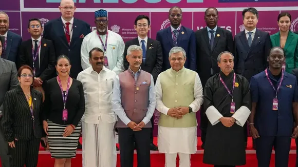 Union Ministers S Jaishankar and Ashwini Vaishnaw during the Global Media Dialogue session at the World Audio Visual and Entertainment Summit (WAVES) 2025 in Mumbai on Friday, May 2, 2025.