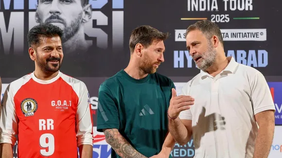 Rahul Gandhi, Telangana Chief Minister Revanth Reddy with Argentine footballer and 2022 FIFA World Cup winning captain Lionel Messi during an event as part of the 'GOAT India Tour 2025', in Hyderabad on Saturday, December 13, 2025.