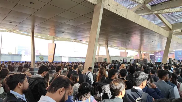 Rush at the entry gates of Bharat Mandapam for AI Impact Summit 2026 in New Delhi on Monday, Feb 16, 2026.