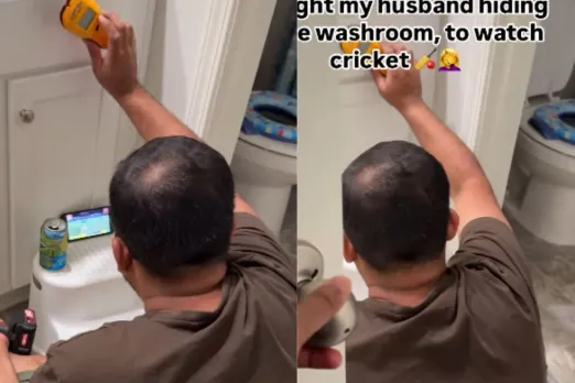 Husband watches cricket match inside washroom