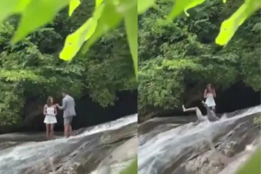 Boyfriend meeting girlfriend on waterfall