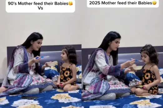 Old mom feeding baby Vs Modern Mom  feeding baby