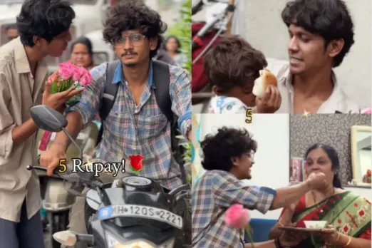 Motorcyclist buying a bouquet of flowers