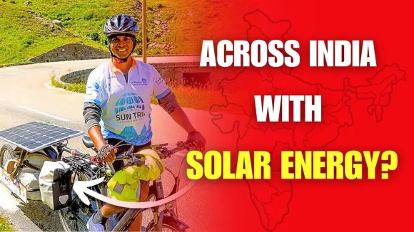 Why is he travelling with solar panel on his cycle