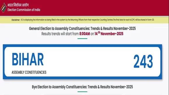 Bihar Election Result 2025 Live Updates on ECI Website showing real-time vote counting and seat-wise results map