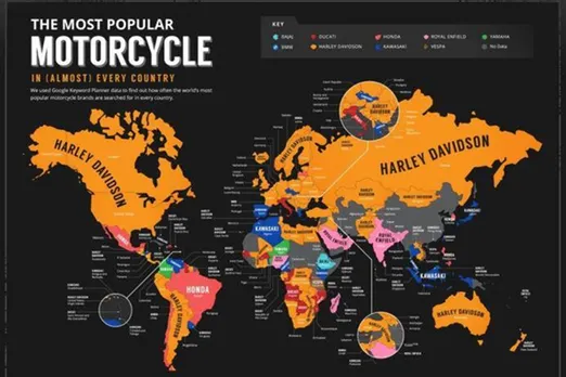 WORLD MAP CREARED BASED ON Country-wise most popular motorcycles Harley Davidson MOST SEARCHED