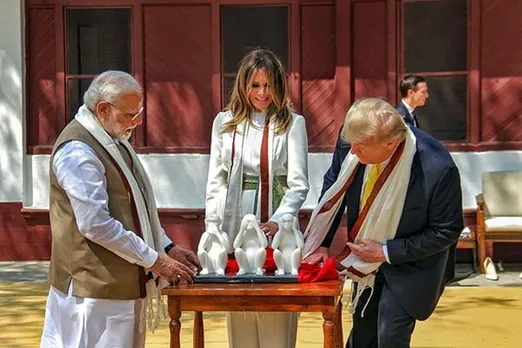 gandhi ji's Three wise monkeys statue, book, charkha gifted to american president donald Trump at sabarmati aashram