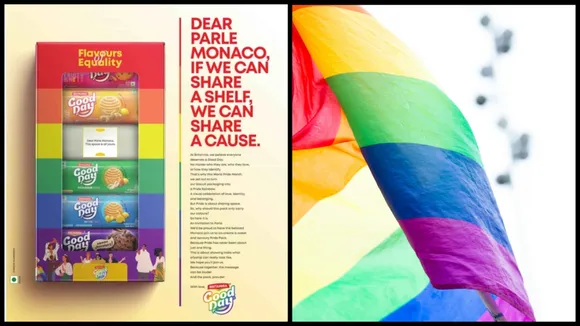 The full-page Times of India advertisement by Britannia Good Day, initiating the 'Flavours of Equality' Pride Month campaign and inviting rival Parle Monaco to collaborate on a special biscuit pack.