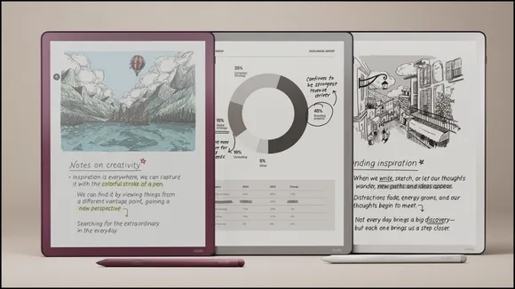 The new ultra-thin Kindle Scribe Colorsoft (2025) with a pen, showcasing its 11-inch color display, AI notebook features, and cloud document support.