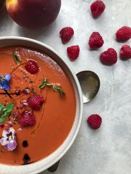 Simple Summer Gazpacho with Peach and Raspberry  — FEED THE SWIMMERS