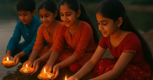 At Uttarakhand’s river ghats, children join elders in evening aartis, releasing lamps on the Ganga and learning reverence for rivers.