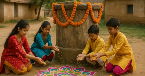 In Rajasthan’s desert villages, children decorate wells with flowers and rangoli, honouring every drop that sustains them.