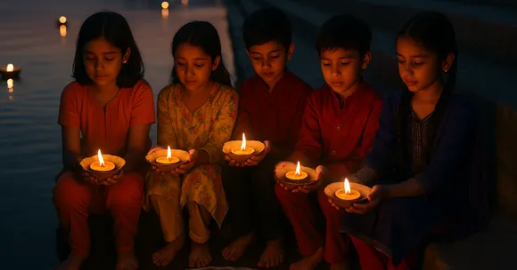 During Jhulelal Puja, Sindhi children float lamps and flowers on rivers, learning gratitude for water as a source of life.