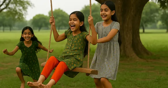 In Tamil Nadu, girls sing Aadi songs while swinging under trees, celebrating the monsoon and thanking nature for abundance.