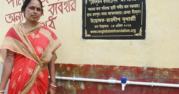 Champa Saha recalls years of relying on iron- and arsenic-laced tube-well water before the new plant changed life in Raspur.