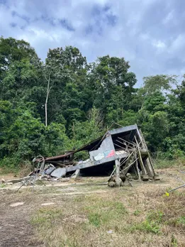 Abandoned anti-poaching camps destroyed by elephants dotted the way in Pakka Tiger Reserve