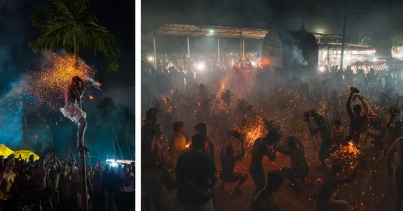 Xeni Uzzo exhibit at the Museum of Goa, presenting rituals of fire, endurance, and community memory. (Photographs: Gaurav Korgaonkar (L), Vaibhav Rajamani (R))