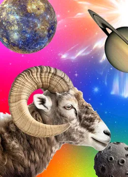 A picture with a white ram with huge horns and planets giving the monthly horoscope