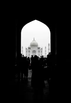 A black and white picture of the Taj Mahal, as a means of showing how far queer community in small towns India have come in 2025 to make contribute to queer safe spaces India