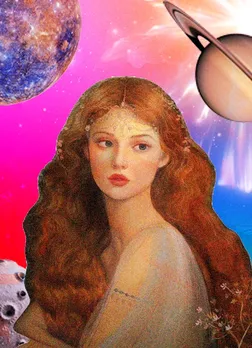 Pre-Raphaelite-style illustration of a woman with red hair under a cosmic sky. Represents the Virgo zodiac sign in the August 2025 predictions.