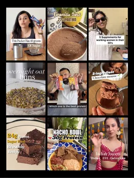 A collage of Instagram reels featuring healthy recipes, protein desserts and calorie-free desserts