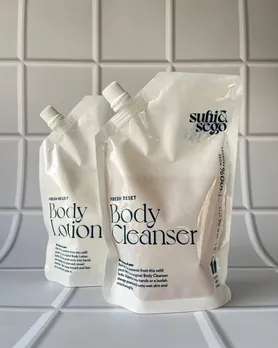 Two packets of refillable make-up and skincare from Suhi & Sego, a sustainable beauty brand in India