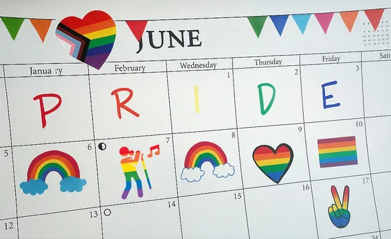 A picture of the June page of a calendar which spells out PRIDE, to show how queer visibility in music industry has gone beyond Pride Month tokenism to show how queer musicians in India are hopefully finally getting their space