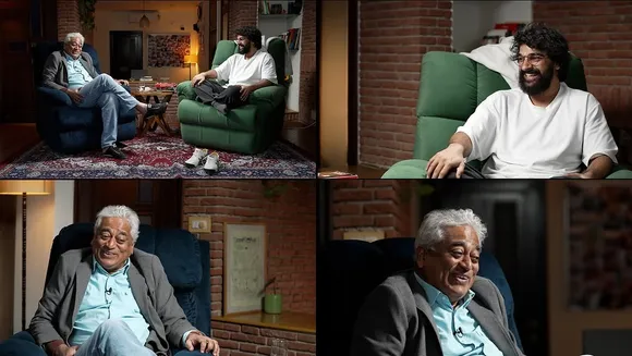 Four frames from an interview between the host of the podcast and an older man, also a well-known journalist, showing how crucial episodes can make people tune in regularly, making them must-listen Indian podcasts
