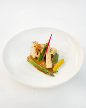 A picture of elephant yam, white asparagus, hajikame and veg nihari to show how far vegetarian tasting menus India are taking vegetarian restaurants India, especially with the growing popularity of luxury vegetarian dining India