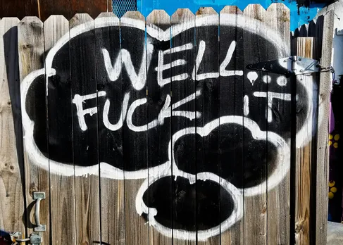 A picture of graffiti on  wooden fence, spelling out 'well...fuck it', a common offensive language in 2025 to show how sexist language being used commonly might just reduce the usage of gendered cuss words