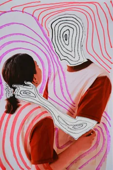 An image of a woman being held by a person who's more of a sketch to depict how first impressions in dating today depends on a person's digital body language thanks to the current dating app culture India