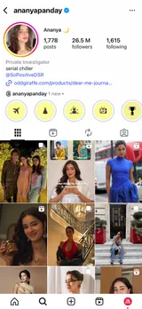 Screenshot of Ananya Panday’s Instagram profile showing 26.5 million followers, with bio reading “Private Investigator, serial chiller” and highlights in soft yellow icons