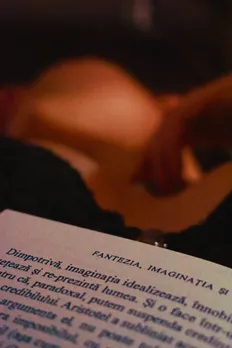 A picture of a woman wearing lingerie and reading a book, to depict the evolution of erotica in India via feminist erotica and queer erotica.