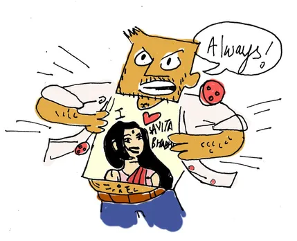 A Savita Bhabhi cartoon showing a man wearing a t-shirt declaring his undying love to a Savita Bhabhi to depict the presence of erotica in India, women and erotica and feminist erotica.