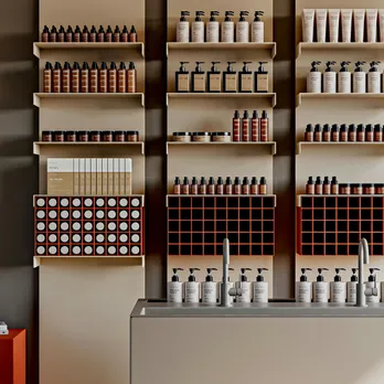 A picture from an apothecary store with shelves of beauty products