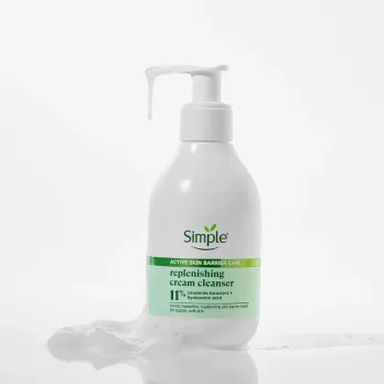 A bottle from Simple Skincare containing the creamy non foaming cleanser