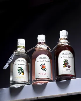 A row of three flavours of Samsara Indian Craft Gin to show how Indian craft gins are owning the market thanks to flavoured Indian gin