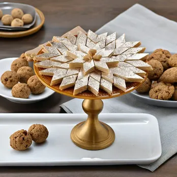 A plate of kaju katli with cookies around it to show how Kaju Katli in India is treated as a premium Indian mithai owning to it being one of the most popular cashew-based Indian sweets